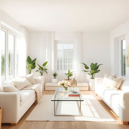 A beautifully designed interior of a light living room, filled with soft furnishings such as a cozy white bench and a comfortable white sofa