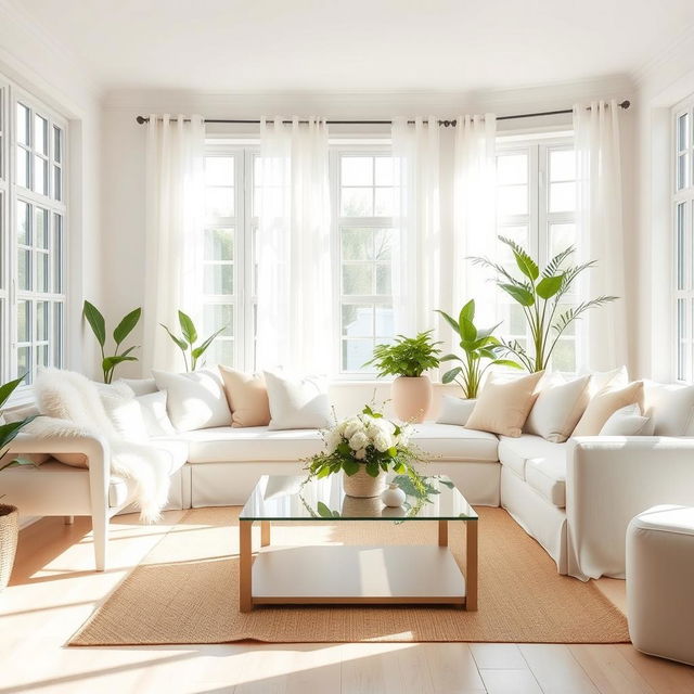 A beautifully designed interior of a light living room, filled with soft furnishings such as a cozy white bench and a comfortable white sofa