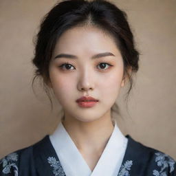 An aesthetic portrait of a Korean girl with elegant features, dark hair, and expressive eyes, emanating an aura of grace and warmth.