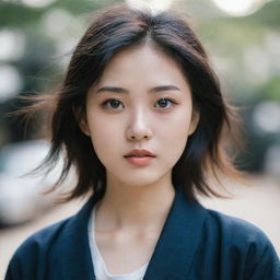 An aesthetic portrait of a Korean girl with elegant features, dark hair, and expressive eyes, emanating an aura of grace and warmth.