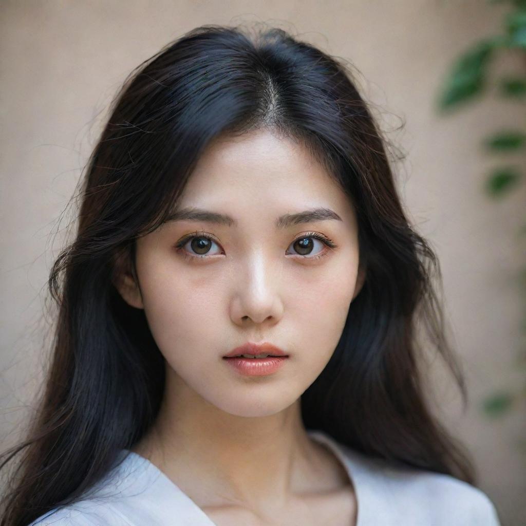 An aesthetic portrait of a Korean girl with elegant features, dark hair, and expressive eyes, emanating an aura of grace and warmth.