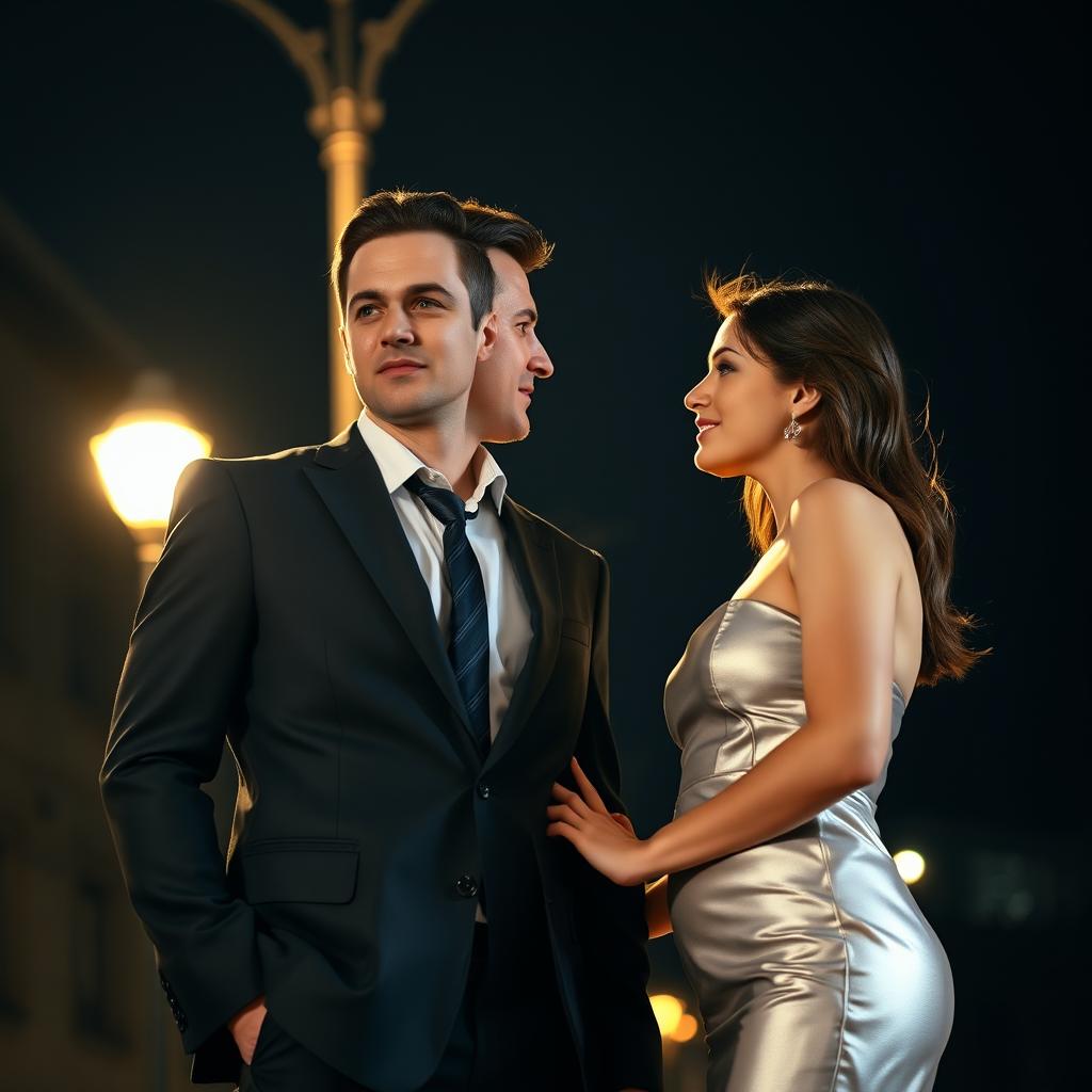 A man in a sharp, tailored suit standing next to a young European woman wearing a stylish strapless mini dress