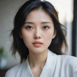 An aesthetic portrait of a Korean girl with elegant features, dark hair, and expressive eyes, emanating an aura of grace and warmth.