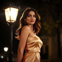 A young European woman wearing a luxurious, silk strapless mini dress, standing gracefully under a vintage streetlight at night