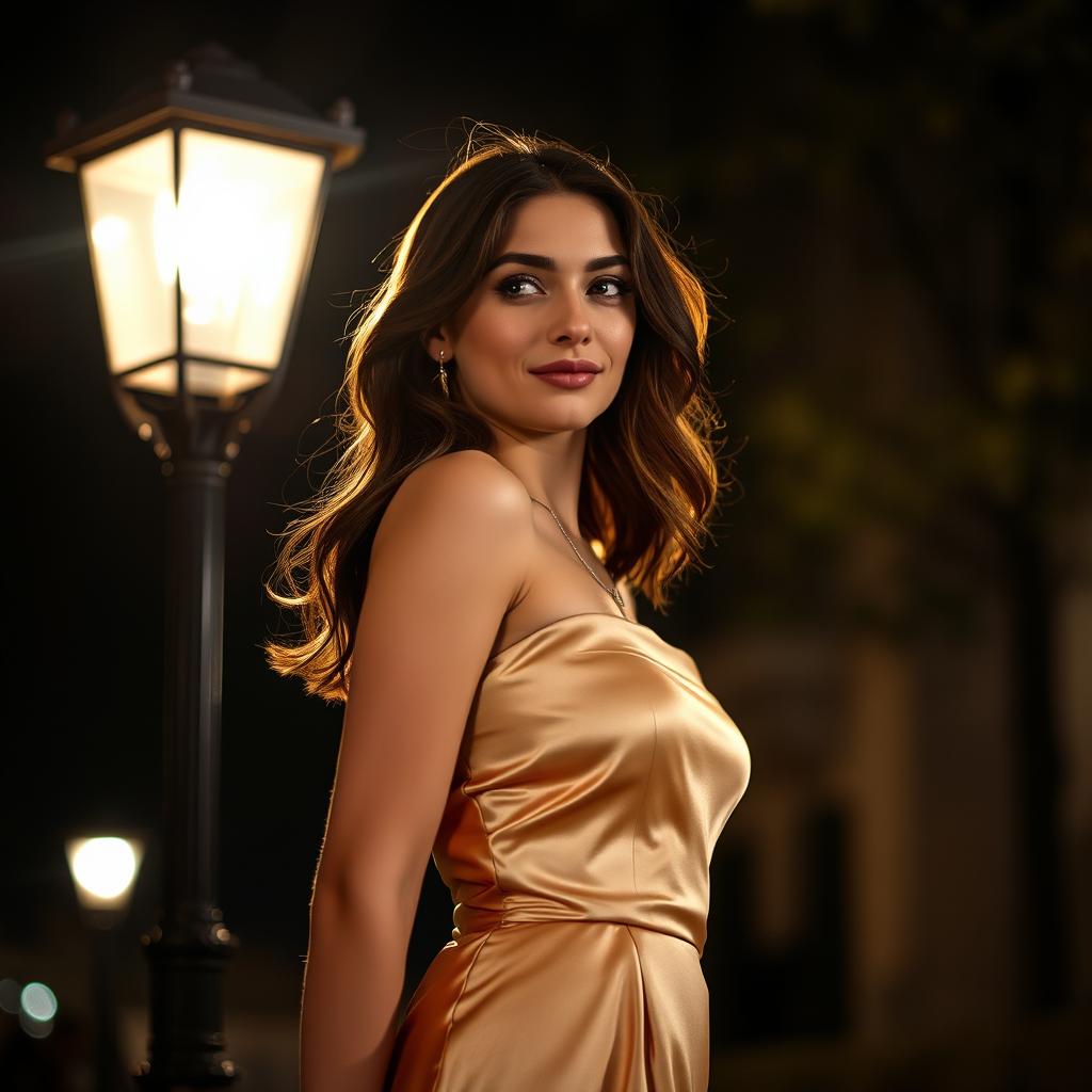 A young European woman wearing a luxurious, silk strapless mini dress, standing gracefully under a vintage streetlight at night