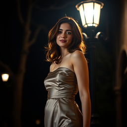 A young European woman wearing a luxurious, silk strapless mini dress, standing gracefully under a vintage streetlight at night