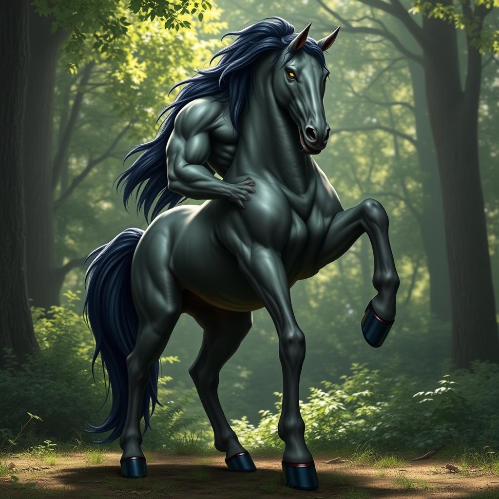 An imposing 8-foot centaur, featuring muscular grey skin and long, flowing black hair