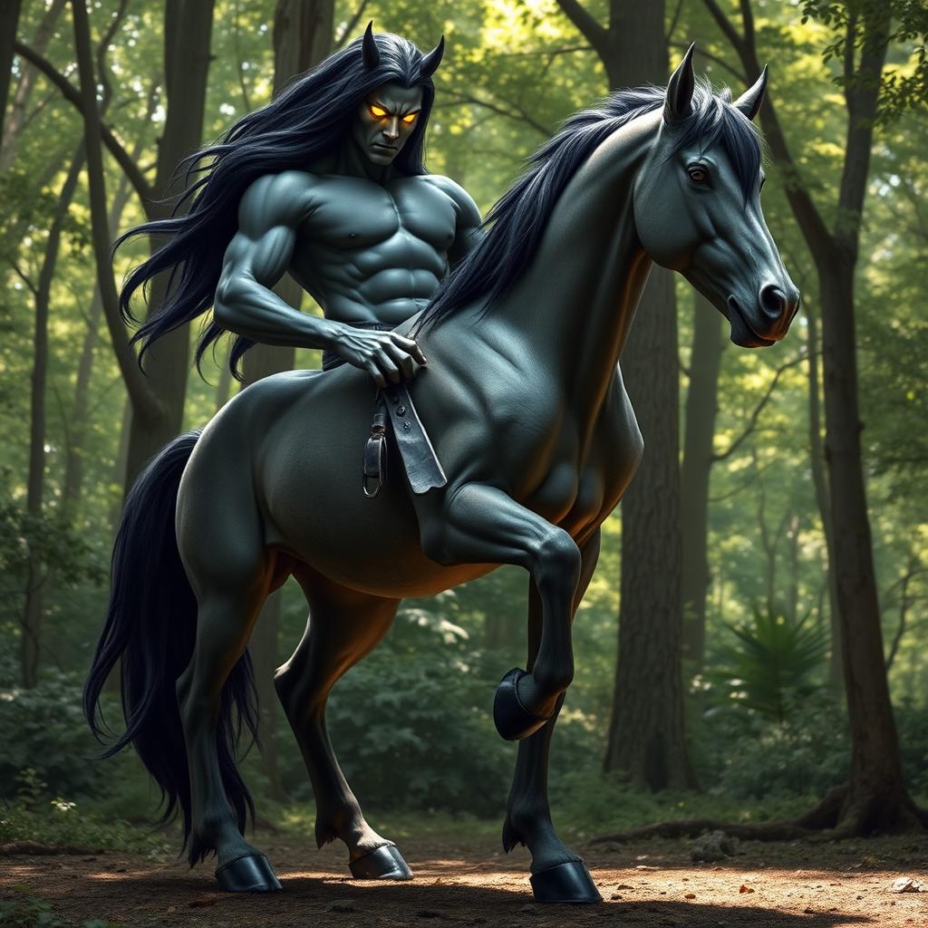 An imposing 8-foot centaur, featuring muscular grey skin and long, flowing black hair