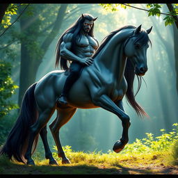 An imposing 8-foot centaur, showcasing muscular grey skin and long, flowing black hair that cascades down his back