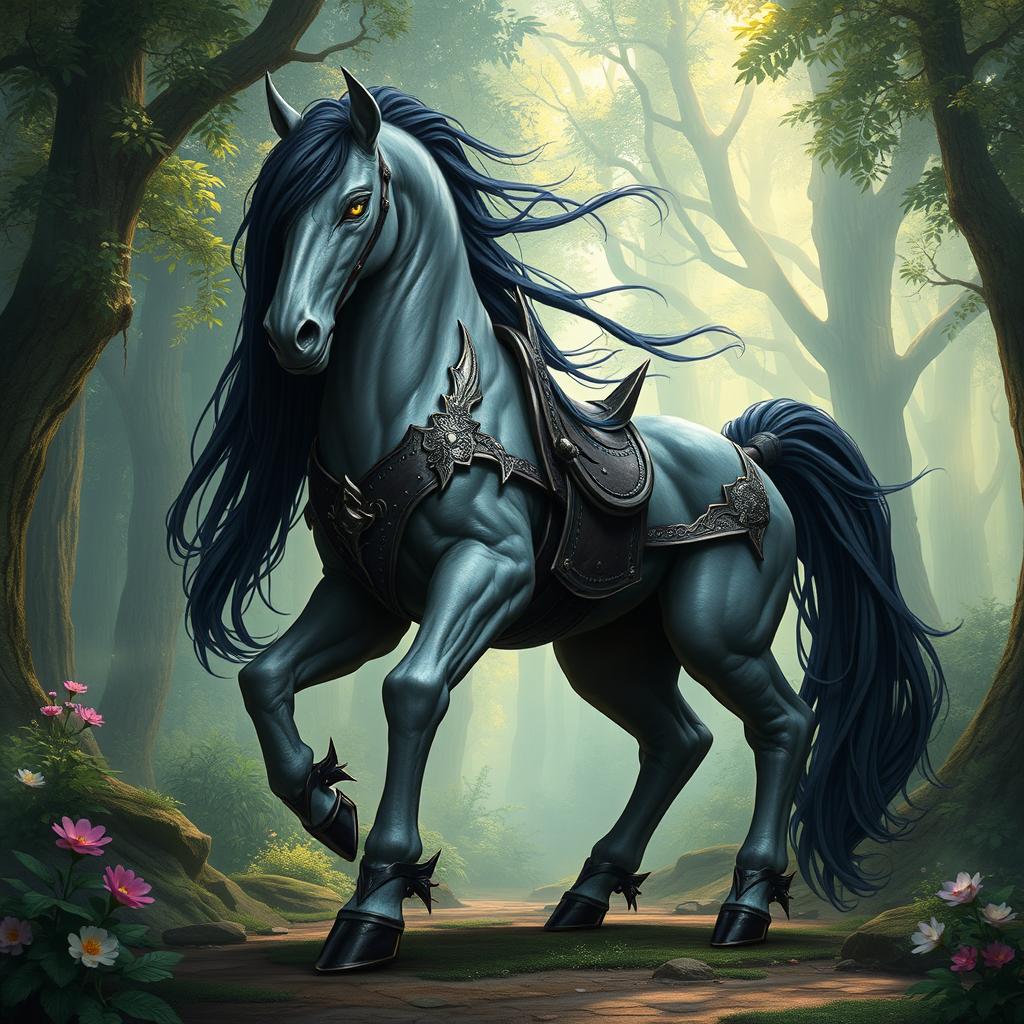 A majestic 8-foot centaur inspired by Dungeons & Dragons, featuring textured grey skin and long, flowing black hair that drapes elegantly down his back