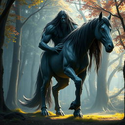 An extraordinary 8-foot creature with the upper body of a human and the lower body of a horse, featuring textured grey skin and long, flowing black hair that cascades down the shoulders