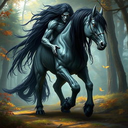 An extraordinary 8-foot creature with the upper body of a human and the lower body of a horse, featuring textured grey skin and long, flowing black hair that cascades down the shoulders