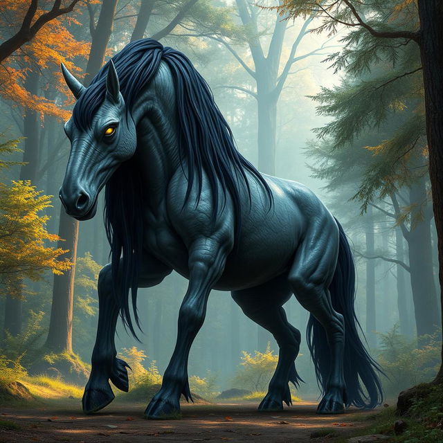 An extraordinary 8-foot creature with the upper body of a human and the lower body of a horse, featuring textured grey skin and long, flowing black hair that cascades down the shoulders