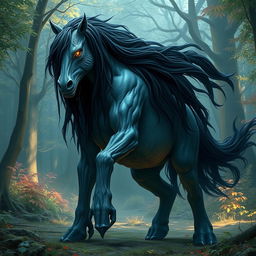 An extraordinary 8-foot creature with the upper body of a human and the lower body of a horse, featuring textured grey skin and long, flowing black hair that cascades down the shoulders