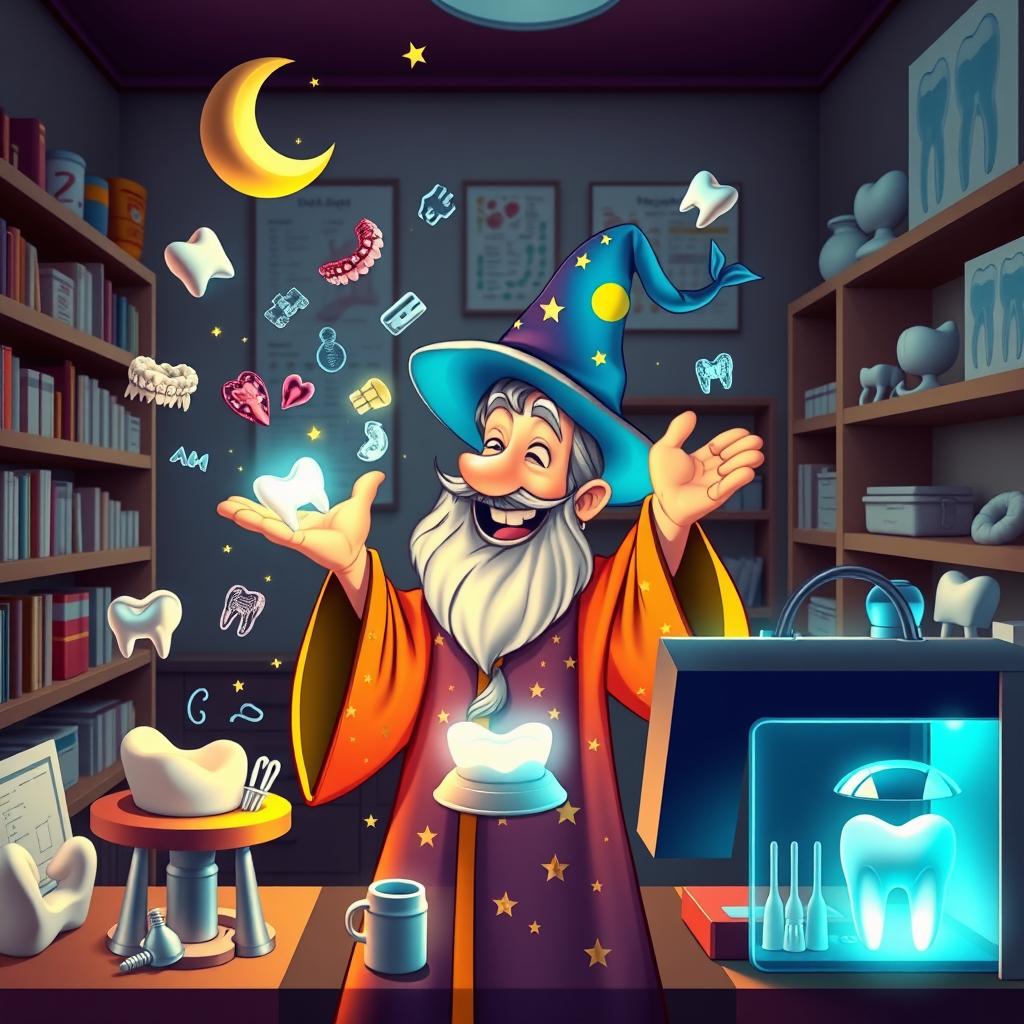 A whimsical and colorful scene depicting a wizard character enthusiastically using a 3D printer in a dental practice