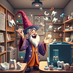 A whimsical and colorful scene depicting a wizard character enthusiastically using a 3D printer in a dental practice