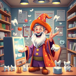 A whimsical and colorful scene depicting a wizard character enthusiastically using a 3D printer in a dental practice