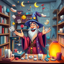 A whimsical and colorful scene depicting a wizard character enthusiastically using a 3D printer in a dental practice