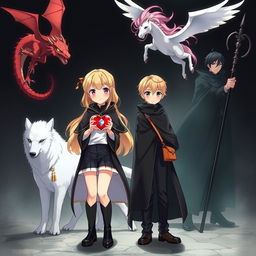 A stunning movie poster for an anime adventure fantasy showcasing two anime girls with blonde hair, both clad in black cloaks, white tops, sleek black boots, and carrying small purses