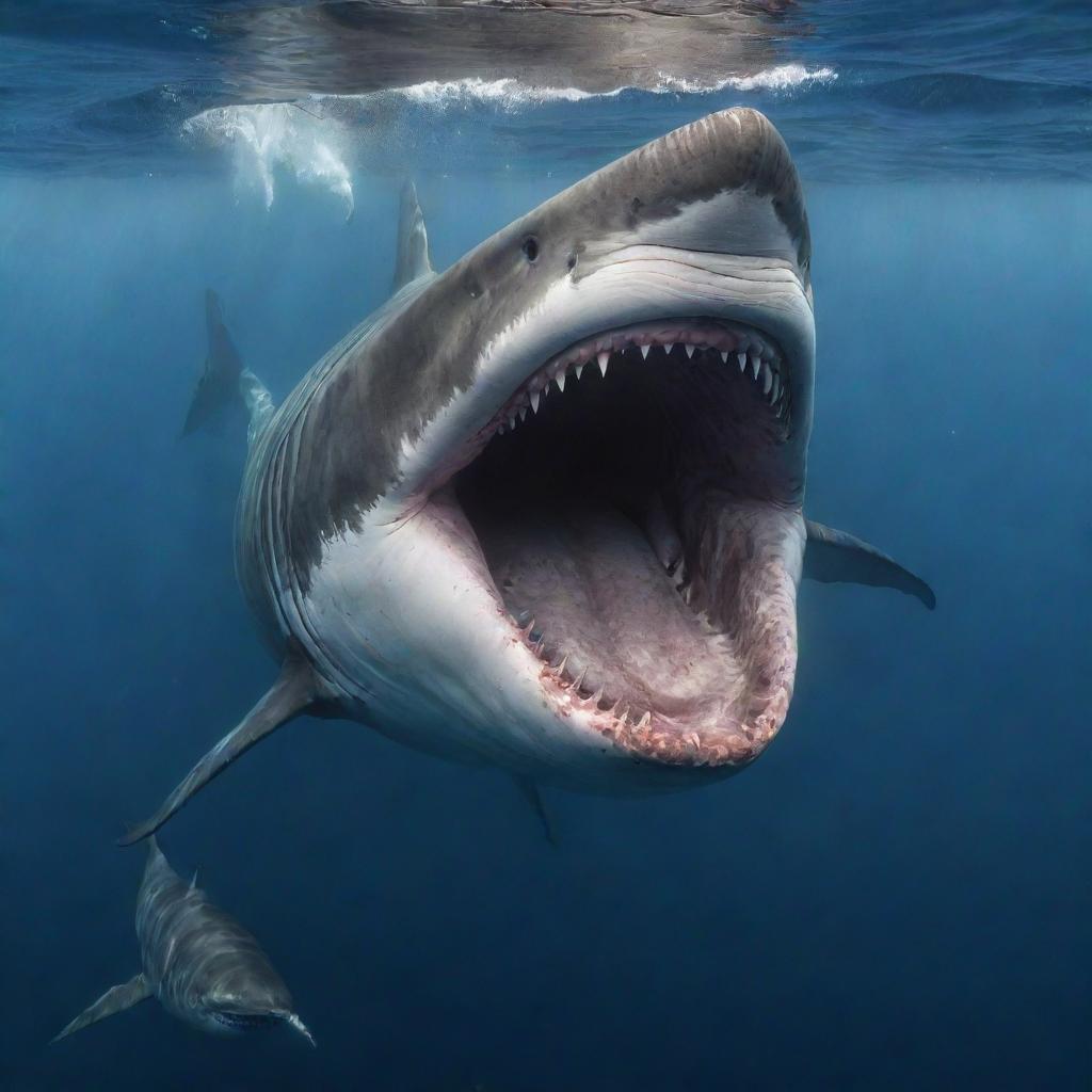 A fierce, large shark with menacingly sharp teeth and two horns, attacking a sperm whale in a dramatic underwater scene.