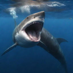 A fierce, large shark with menacingly sharp teeth and two horns, attacking a sperm whale in a dramatic underwater scene.