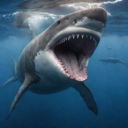 A fierce, large shark with menacingly sharp teeth and two horns, attacking a sperm whale in a dramatic underwater scene.