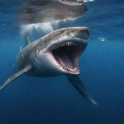 A fierce, large shark with menacingly sharp teeth and two horns, attacking a sperm whale in a dramatic underwater scene.