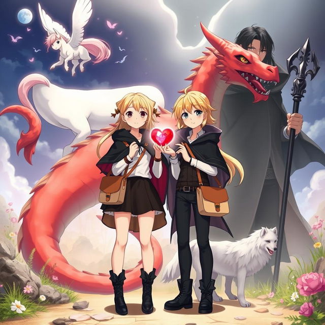 An enchanting movie poster for an anime adventure fantasy featuring two 15-year-old anime girls with blonde hair