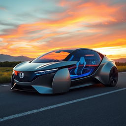 A futuristic concept car inspired by Honda designs that don’t exist, featuring sleek aerodynamic lines, a glowing blue interior, and advanced holographic interfaces