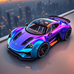 A fantastical Porsche car design that does not exist, showcasing a sleek and aerodynamic body with a unique color gradient, merging electric blue and vivid purple