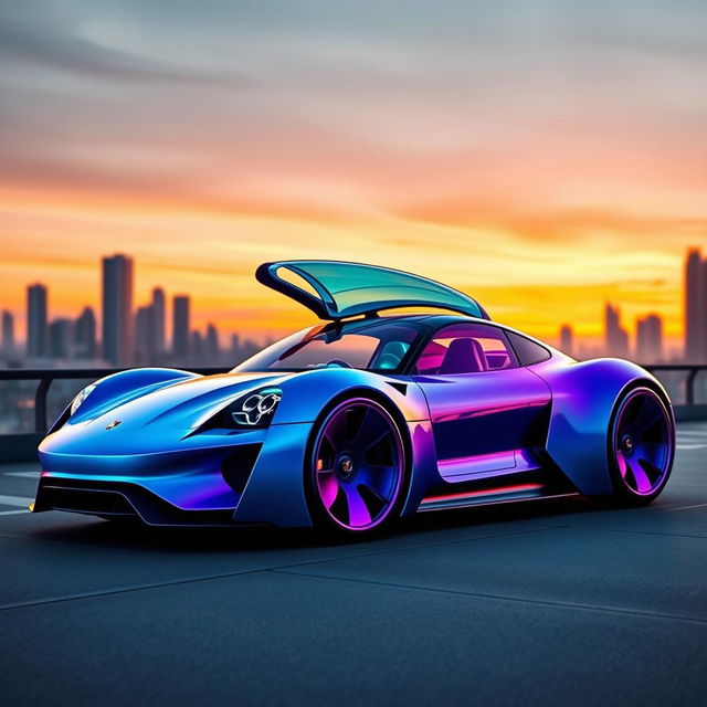 A fantastical Porsche car design that does not exist, showcasing a sleek and aerodynamic body with a unique color gradient, merging electric blue and vivid purple