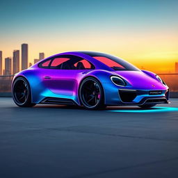 A fantastical Porsche car design that does not exist, showcasing a sleek and aerodynamic body with a unique color gradient, merging electric blue and vivid purple