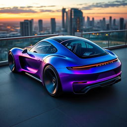 A fantastical Porsche car design that does not exist, showcasing a sleek and aerodynamic body with a unique color gradient, merging electric blue and vivid purple