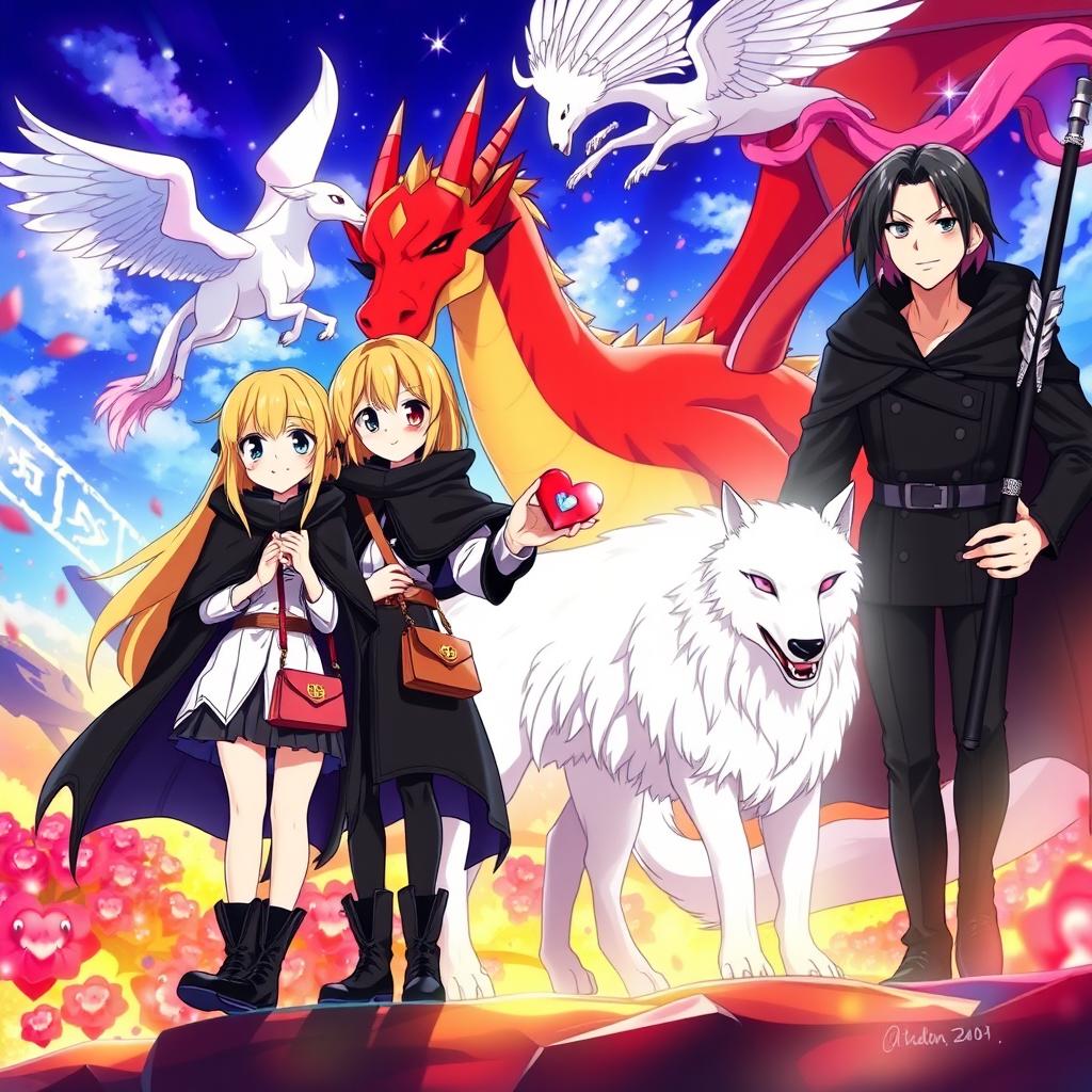 A stunning movie poster for an anime adventure featuring two 16-year-old girls with striking blonde hair, clad in black cloaks, white tops, and black boots, accessorized with small purses