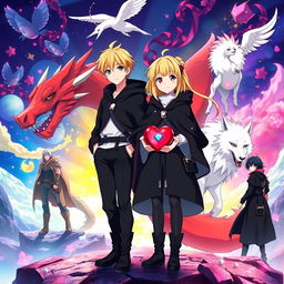 A stunning movie poster for an anime adventure featuring two 16-year-old girls with striking blonde hair, clad in black cloaks, white tops, and black boots, accessorized with small purses