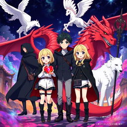 A stunning movie poster for an anime adventure featuring two 16-year-old girls with striking blonde hair, clad in black cloaks, white tops, and black boots, accessorized with small purses