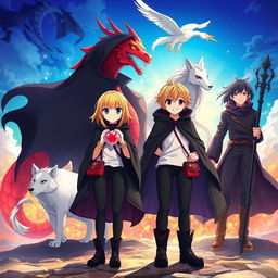 A stunning movie poster for an anime adventure featuring two 16-year-old girls with striking blonde hair, clad in black cloaks, white tops, and black boots, accessorized with small purses