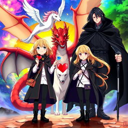 A striking movie poster for an anime adventure showcasing two 16-year-old girls with blonde hair, dressed in fashionable black cloaks, white tops, and black boots, each carrying a small purse