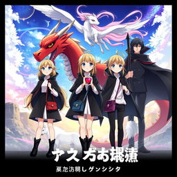 A striking movie poster for an anime adventure showcasing two 16-year-old girls with blonde hair, dressed in fashionable black cloaks, white tops, and black boots, each carrying a small purse