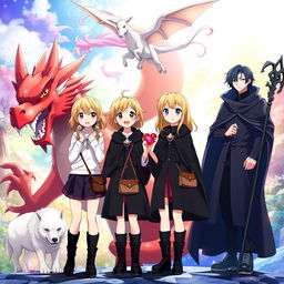 A striking movie poster for an anime adventure showcasing two 16-year-old girls with blonde hair, dressed in fashionable black cloaks, white tops, and black boots, each carrying a small purse