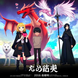 A striking movie poster for an anime adventure showcasing two 16-year-old girls with blonde hair, dressed in fashionable black cloaks, white tops, and black boots, each carrying a small purse