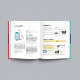 The first two pages of a medically themed book focused on pacemakers, featuring a detailed and visually engaging layout