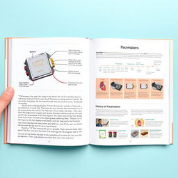 The first two pages of a medically themed book focused on pacemakers, featuring a detailed and visually engaging layout