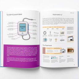 The first two pages of a medically themed book focused on pacemakers, featuring a detailed and visually engaging layout