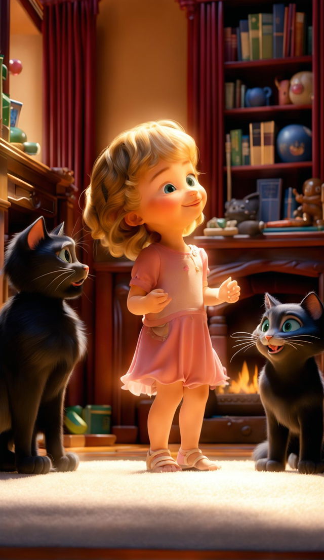 A Disney Pixar animation of a tall three-year-old blonde girl in a pink dress and her sleek black cat in a cozy living room with warm lighting.