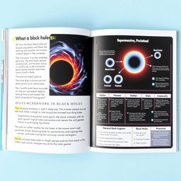 The first two pages of an educational book about black holes, featuring a visually engaging and informative layout