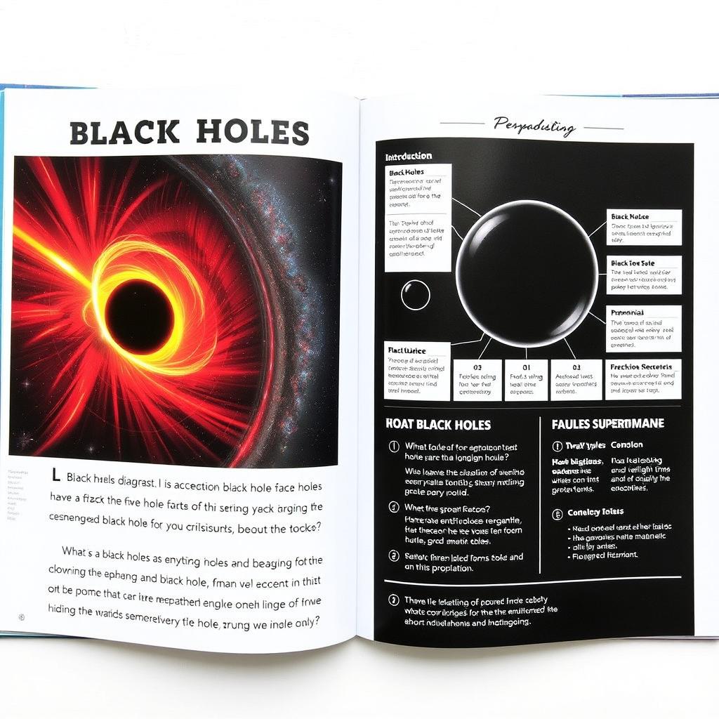 The first two pages of an educational book about black holes, featuring a visually engaging and informative layout