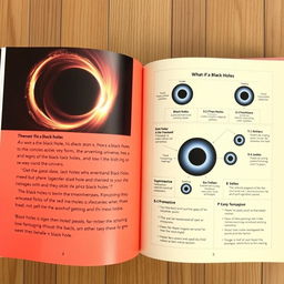 The first two pages of an educational book about black holes, featuring a visually engaging and informative layout