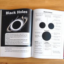 The first two pages of an educational book about black holes, featuring a visually engaging and informative layout