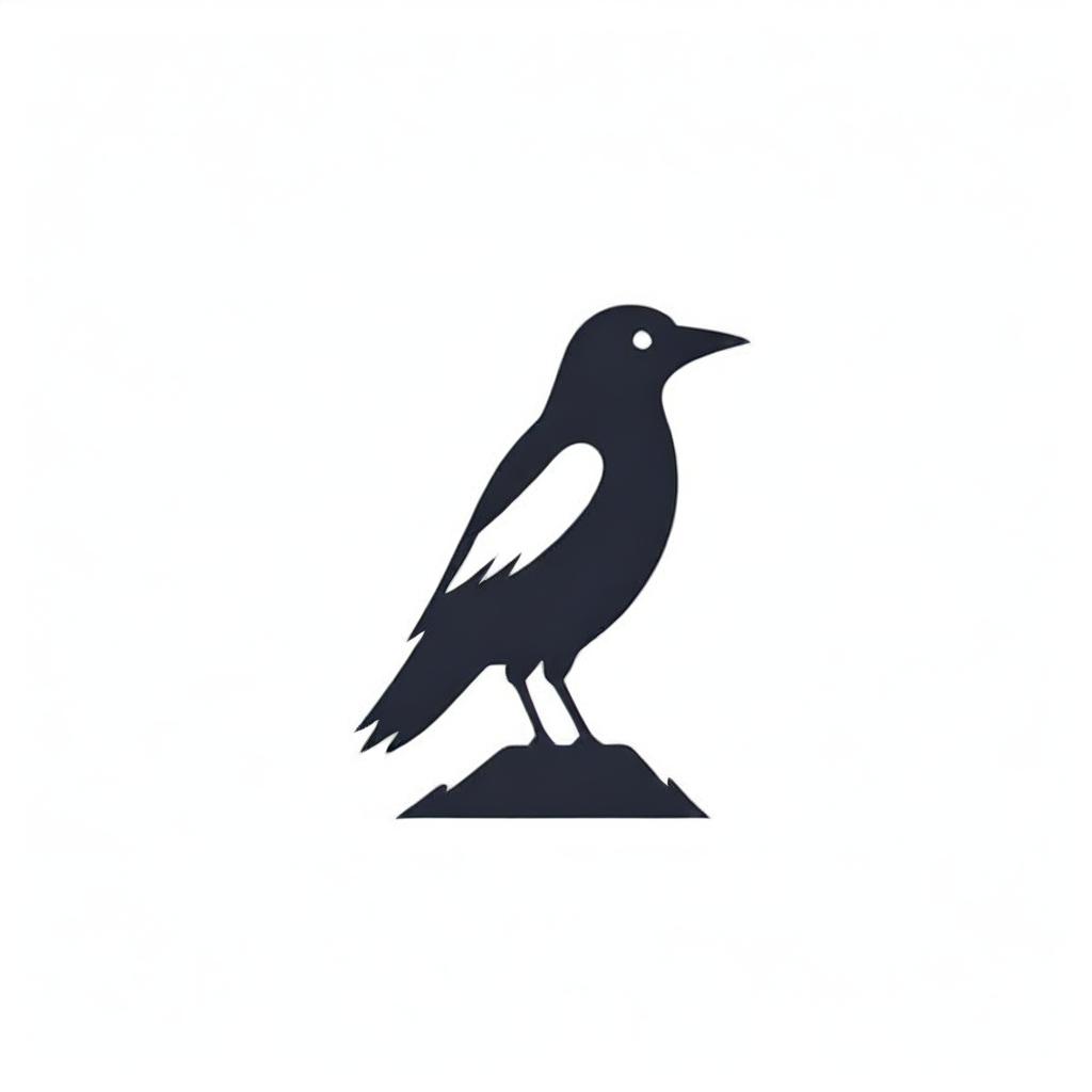 An abstract logo featuring the essence of a crow, using simplistic, geometric shapes and lines to represent the bird in a stylized, modern monochrome design.